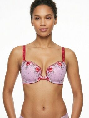 Victoria’s Secret 34D Push Up Bra Pink Red Floral Embroidered Lace Sexy Lingerie